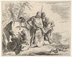 Kolme hahmoa ja käärme kiertyneenä sauvan ympärille maiseman ympäröimänä, ce..., 1700-luku. tekijältä Giovanni Battista Tiepolo