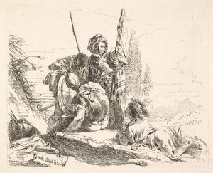 Kolme sotilasta ja nuorukainen makaamassa vatsallaan maisemassa, sotilaat kantavat..., n. 1740-42. tekijältä Giovanni Battista Tiepolo