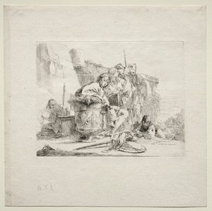 Erilaisia otuksia: Nuori mies istuu uurnia vasten nojaten tekijältä Giovanni Battista Tiepolo