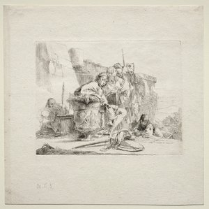 Erilaisia otuksia: Nuori mies istuu, nojaten uurnia vasten, 1785. tekijältä Giovanni Battista Tiepolo