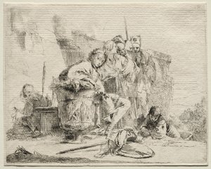 Erilaisia otuksia: Nuori mies istuu, nojaa uurnia vasten tekijältä Giovanni Battista Tiepolo