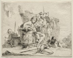 Erilaisia otuksia: Nuori mies istuu, nojaa uurnia vasten. tekijältä Giovanni Battista Tiepolo