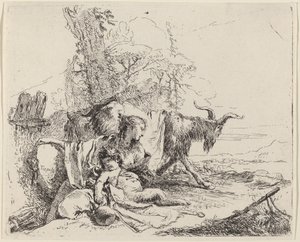 Nainen, satyyrilapsi ja vuohi maisemassa tekijältä Giovanni Battista Tiepolo
