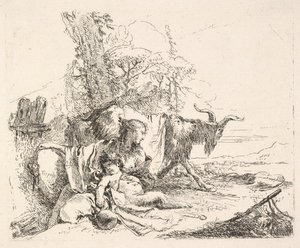 Nainen ja vauvasatiiri maisemassa, nainen kääntyy katsomaan vasemman shokansa yli..., n. 1740-42. tekijältä Giovanni Battista Tiepolo