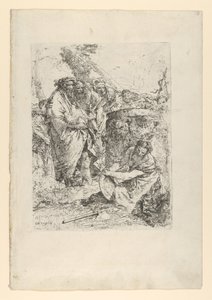 Nainen polvistumassa taikurien ja muiden hahmojen edessä, Scherzistä, n. 1743-50. tekijältä Giovanni Battista Tiepolo
