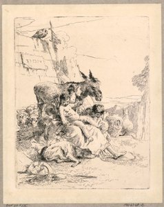 Nainen, jolla on kaksi lasta ja aasi, levy 21 Scherzi di Fantasialta tekijältä Giovanni Battista Tiepolo