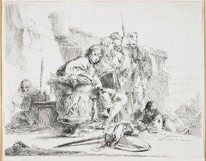Nuori mies istuu, uurnaa vasten, lautanen Vari Capriccilta (Various Caprices), 1740-luku tekijältä Giovanni Battista Tiepolo