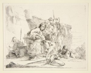 Nuori mies istuu ja nojaa uurnaan, sarjasta Vari Capricci tekijältä Giovanni Battista Tiepolo