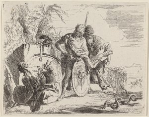 Nuori sotilas filosofin ja istuvan naisen kanssa tekijältä Giovanni Battista Tiepolo