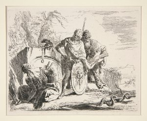 Nuori sotilas, filosofi ja istuva nainen, sarjasta Vari Capricci tekijältä Giovanni Battista Tiepolo