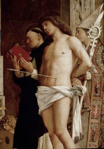 Pyhän Jobin alttaritaulu: Neitsyt ja lapsi kuuden pyhän ja muusikon enkelin kanssa. Yksityiskohta (tempera paneelissa, n. 1487) tekijältä Giovanni Bellini