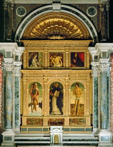 Annunciation ja Pieta, Saint Christopher, Saint Dominic ja Saint Sebastian, predella: ihmeet Saint Vincenzo Ferreri (maalaus puulle) tekijältä Giovanni Bellini