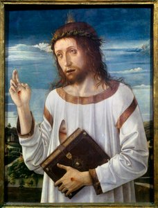 Giovanni Bellini dit il Giambellino (1430-1516) Kristus-penkkimaalaus 1460 su.0,58x0,46 m - Kristuksen siunaus. Giovanni Bellinin maalaus nimeltä Giambellino (1430-1516) 1460. 0,58 x 0,46 m. Louvre-museo, Pariisi tekijältä Giovanni Bellini