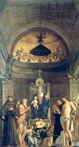 Madonna ja lapsi istuivat SS:n välissä. Franciscus, Johannes Kastaja, Job, Dominic, Sebastian ja Louis (San Giobben alttaritaulu) n. 1487 (katso yksityiskohdat 61101 ja 276359) tekijältä Giovanni Bellini