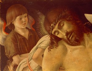 Pieta eli Kuollut Kristus Enkeleiden tukema, n. 1474, Giovanni Bellini (1431-36 - 1516), tempera paneelissa, 91x131 cm. Yksityiskohta. tekijältä Giovanni Bellini