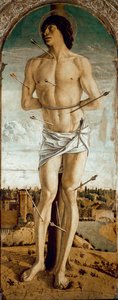 Saint Vincent Ferrierin polyyptyykki: Saint Sebastian (St. Vincentin Ferrerin polyptyykki: St Sebastian) Giovanni Bellinin maalaus dit il Giambellinon (n. 1432-1516) 1464-1468 Mitat 167x67 cm Venetsian Santi Giovanni e Paolo -kirkko tekijältä Giovanni Bellini