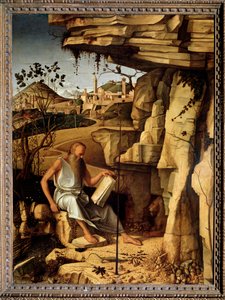Pyhä Hieronymus autiomaassa Giovanni Bellinin maalaus dit il Giambellinon (n. 1430-1516) 1479 Koko 145x114 cm Palazzo Pitti Florence tekijältä Giovanni Bellini