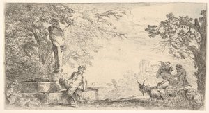 Satyyri makaamassa Priapuksen patsaan juurella, vuohet oikealla, n. 1645-48. tekijältä Giovanni Benedetto Castiglione