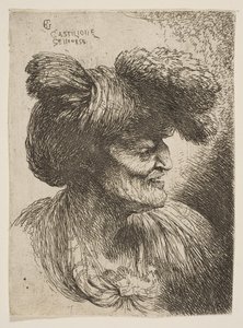 Parrattoman vanhan miehen rintakuva profiilissa oikealle, sarjasta Small Head..., n. 1645-1650. tekijältä Giovanni Benedetto Castiglione