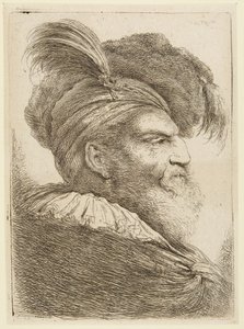 Partaisen miehen pää sulkahatulla tekijältä Giovanni Benedetto Castiglione