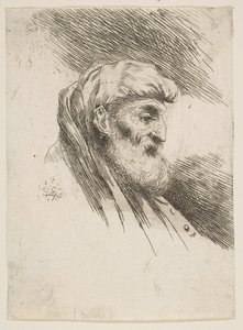 Vanhan parrakkaan miehen pää oikealle, sarjasta Small Heads in Orien..., n. 1645-1650. tekijältä Giovanni Benedetto Castiglione