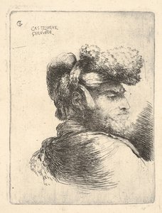Mies profiilissa oikealle päin, karvahattu yllään, sarjasta Small Heads in Or..., ca. 1645-1650. tekijältä Giovanni Benedetto Castiglione