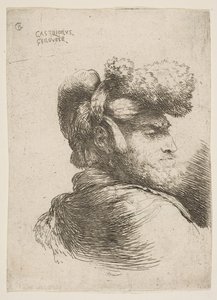 Mies profiilissa oikealle päin, karvahattu yllään, sarjasta Small Heads in Or..., ca. 1645-1650. tekijältä Giovanni Benedetto Castiglione
