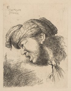 Mies turbaanissa, solmio kaulassa, kasvot vasemmalle, sarjasta ..., n. 1645-50. tekijältä Giovanni Benedetto Castiglione
