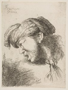 Mies, jolla on turbaani, solmio kaulassa, kasvot vasemmalle, sarjasta..., 1645-1650. tekijältä Giovanni Benedetto Castiglione