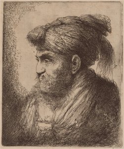 Mies, jolla on parta ja päähine, kasvot vasemmalle tekijältä Giovanni Benedetto Castiglione