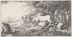 Nooa ja eläimet saapuvat arkkiin, n. 1650-55. tekijältä Giovanni Benedetto Castiglione