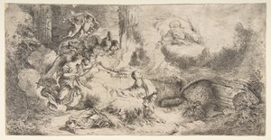 Neitsyt ja lapsi, Jumala isä ylhäällä oikealla, enkelit vasemmalla, n. 1647-50. tekijältä Giovanni Benedetto Castiglione