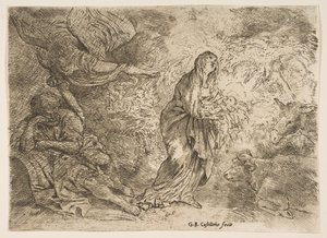 Enkeli herättää Joosefin Neitsyen ja Lapsen läsnäoloon, n. 1645-49. tekijältä Giovanni Benedetto Castiglione
