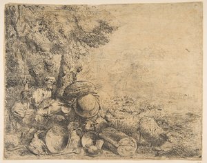 Kaksi paimenta, aasi ja muita eläimiä maisemassa, n. 1638-1640. tekijältä Giovanni Benedetto Castiglione