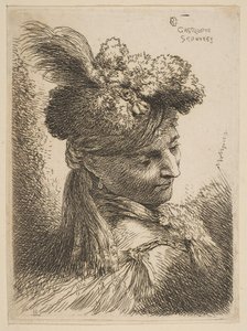 Nuori mies kasvot kolme neljäsosaa oikeaan yllään turkispäähine, jossa on höyhen, jalokivi ja..., n. 1645-50. tekijältä Giovanni Benedetto Castiglione