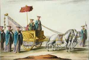 Antiikkidynastian keisari vaunuissaan, levy 13 Jules Ferrarion teoksesta "Le Costume Ancien et Moderne", julkaistu noin 1820-30-luvulla (värilitho)