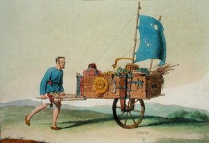 Kiertelevä maanviljelijä kärryineen, Jules Ferrarion "Le Costume Ancien et Moderne", julkaistu noin 1820-30-luvulla (värilitho)
