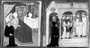 Decameron,Kuolevan Ciappelletton tunnustus; uskovia kutsutaan hartauteen. Ensimmäinen päivä, novelli 1. tekijältä Giovanni Boccaccio