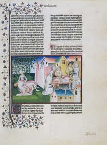 Gabriotto kuolee Andreuolan sylissä, Andreuola tuo ruumiinsa kotiin ja hänet pidätetään, Andreuola julistetaan syyttömäksi ja hänestä tulee nunna, Giovanni Boccaccion (1313-1375) Dekameronin, Neljäs päivä, kuudes tarinan miniatyyri.
