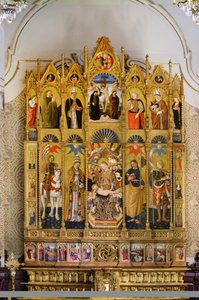 Polyptyykki, jossa Madonna ja lapsi istuvat Pyhän Eustacuksen, Pyhän Pietarin, Pyhän Jaakob Suuren, Pyhän Venantiuksen, Beato Guardaton, Pyhän Nikolauksen, Kristuksen ristiinnaulitseminen, Pyhän Sebastianuksen ja Pyhän Eleutheriuksen välissä, tarinoita Pyh