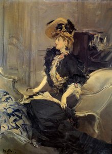Belle Epoque: "" vierailu"" Tyylikäs nuori nainen iltapuvussa. Giovanni Boldinin maalaus tekijältä Giovanni Boldini