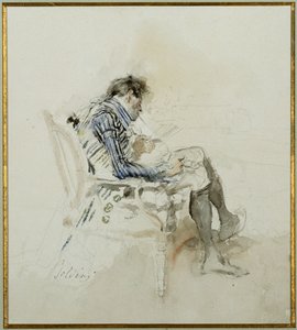 Herrasmies istuu nojatuolissa lukemassa kirjaa ja polttamassa piippua tekijältä Giovanni Boldini