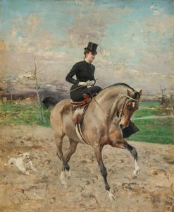 Ratsunainen. Alice Régnault hevosen selässä, 1878.