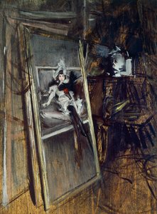 Taidemaalarin ateljeen sisällä Giovanni Boldinin (1842-1931) maalaus Nuori tyttö, Errazuriz tekijältä Giovanni Boldini