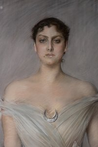Valkoisen naisen muotokuva hanskat ja tuuletin, yksityiskohta tekijältä Giovanni Boldini