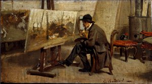 Taidemaalari Giovanni Fattori työpajassaan Maalaus Giovanni Boldinin (1842-1931) ansioksi 1863-1869 Sun. 13x24 cm Milanon yksityinen kokoelma tekijältä Giovanni Boldini