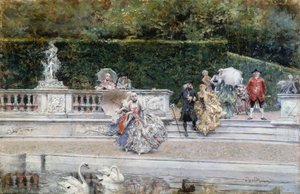 Näkymä Versaillesin puutarhaan, jossa on 1700-luvun vaatteisiin pukeutuneita ihmisiä, Giovanni Boldini (1842-1931), öljy paneelille