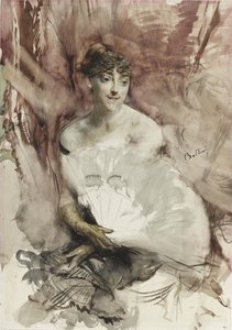 Nainen tuulettimen kanssa istumassa teatterilaatikossa Rastin kreivitär, n. 1878 tekijältä Giovanni Boldini