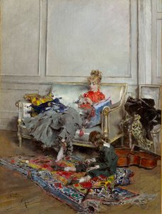 Nuori nainen virkkaamassa tekijältä Giovanni Boldini