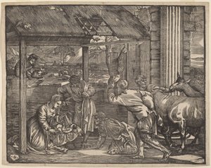 Paimenten palvonta tekijältä Giovanni Britto after Titian